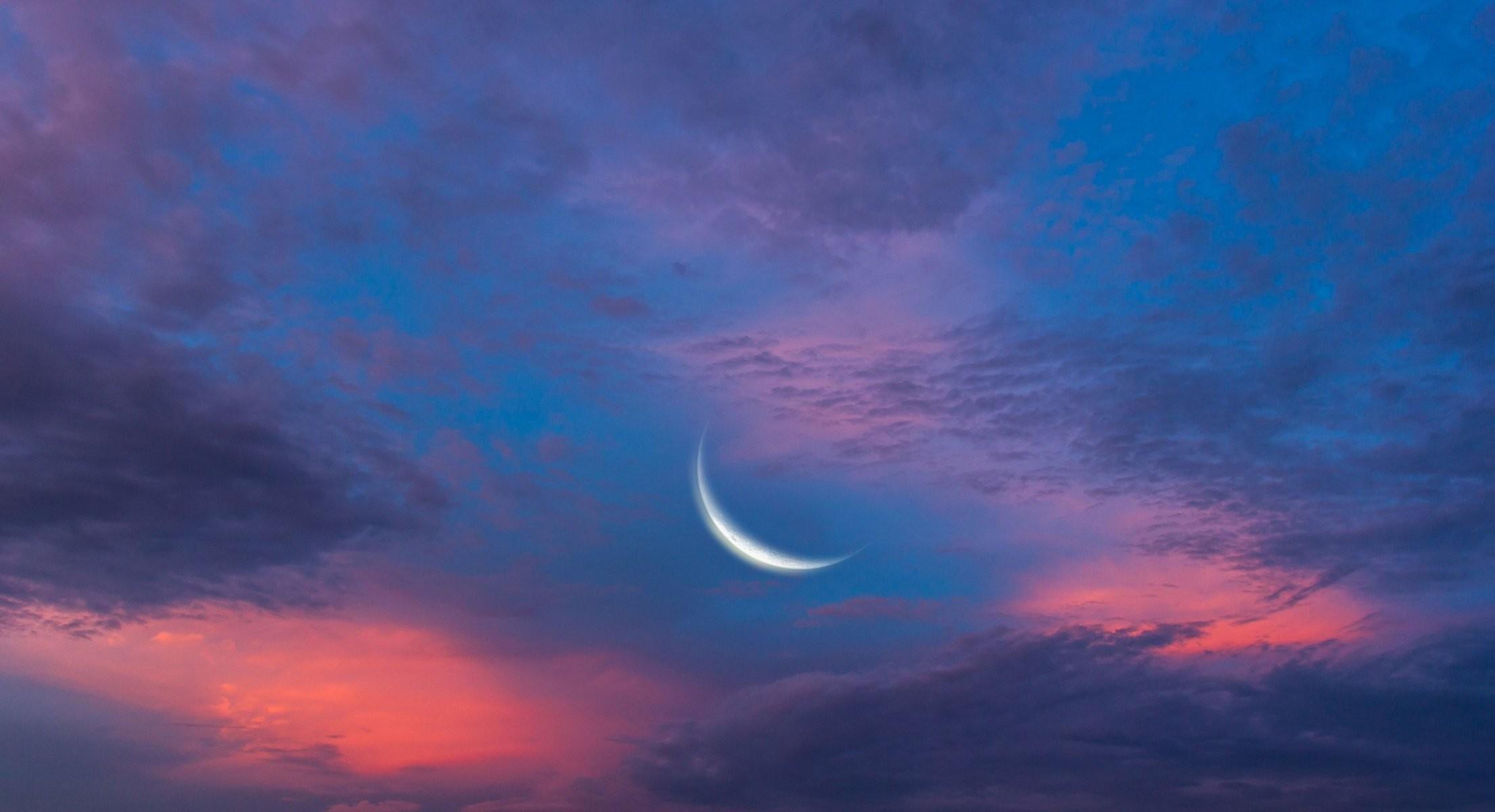 2210x1200 nature sky clouds year moon crescent pink blue night background wallpaper widescreen full screen widescreen hd