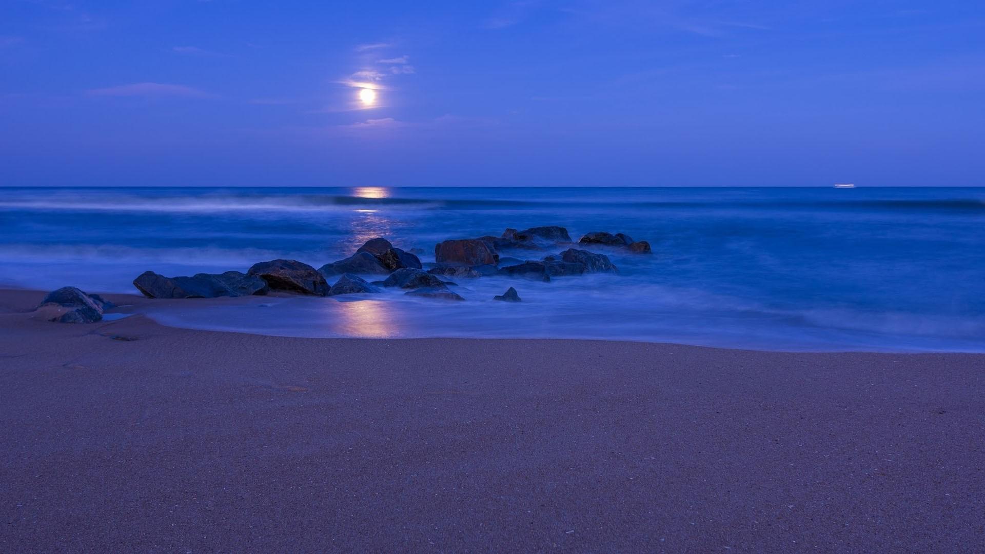 1920x1080 Beautiful Ocean Waves Stones Beach Sand Under Blue Sky Moon
