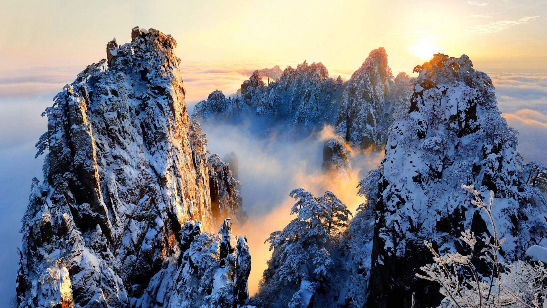 1920x1080 Download Wallpaper winter, the sun, clouds, light, snow, trees
