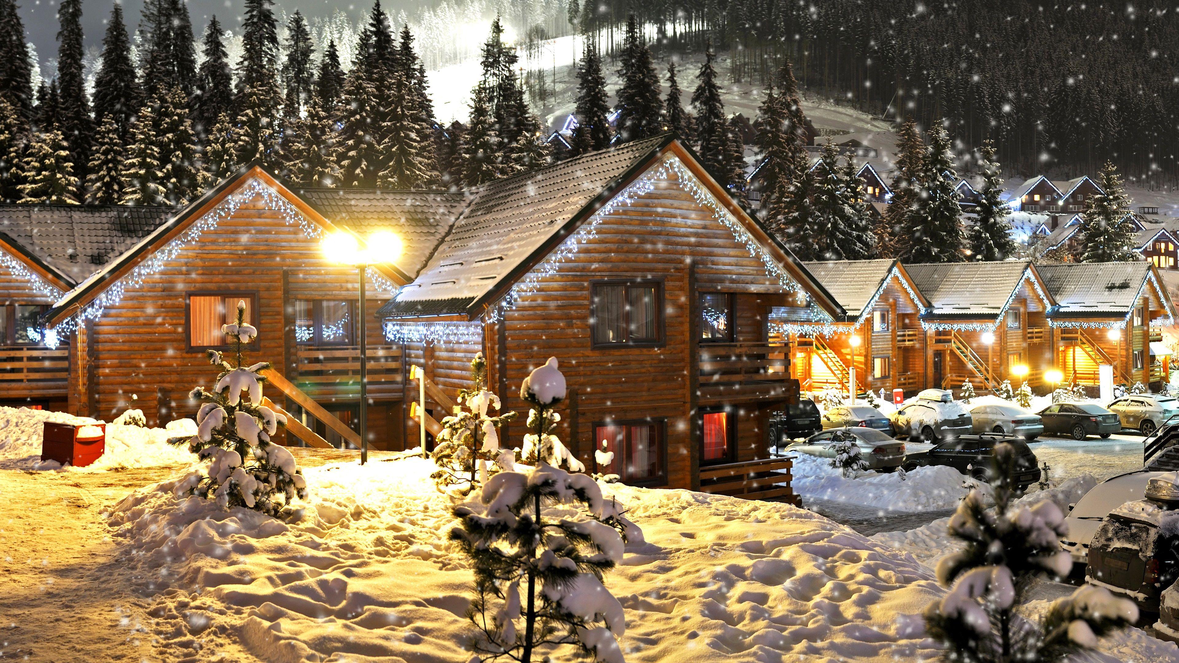 3840x2160 Wallpaper Snow, winter, snowflakes, houses, New Year and Christmas