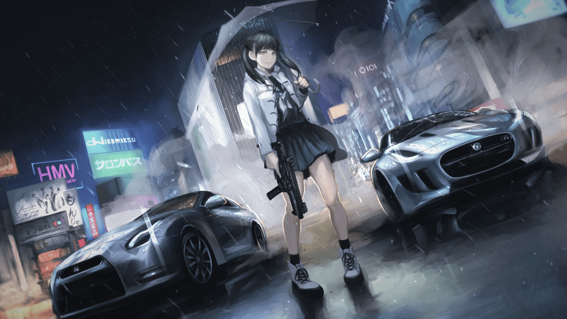 1920x1080 original characters, anime girls, umbrella, car Gallery HD Wallpaper