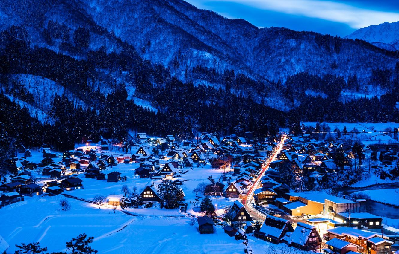 1332x850 Wallpaper Winter, Snow, Mountains, Night, Lights, Home, Japan, Valley, The Island Of Honshu, Gokayama, Shirakawa Go Image For Desktop, Section пейзажи