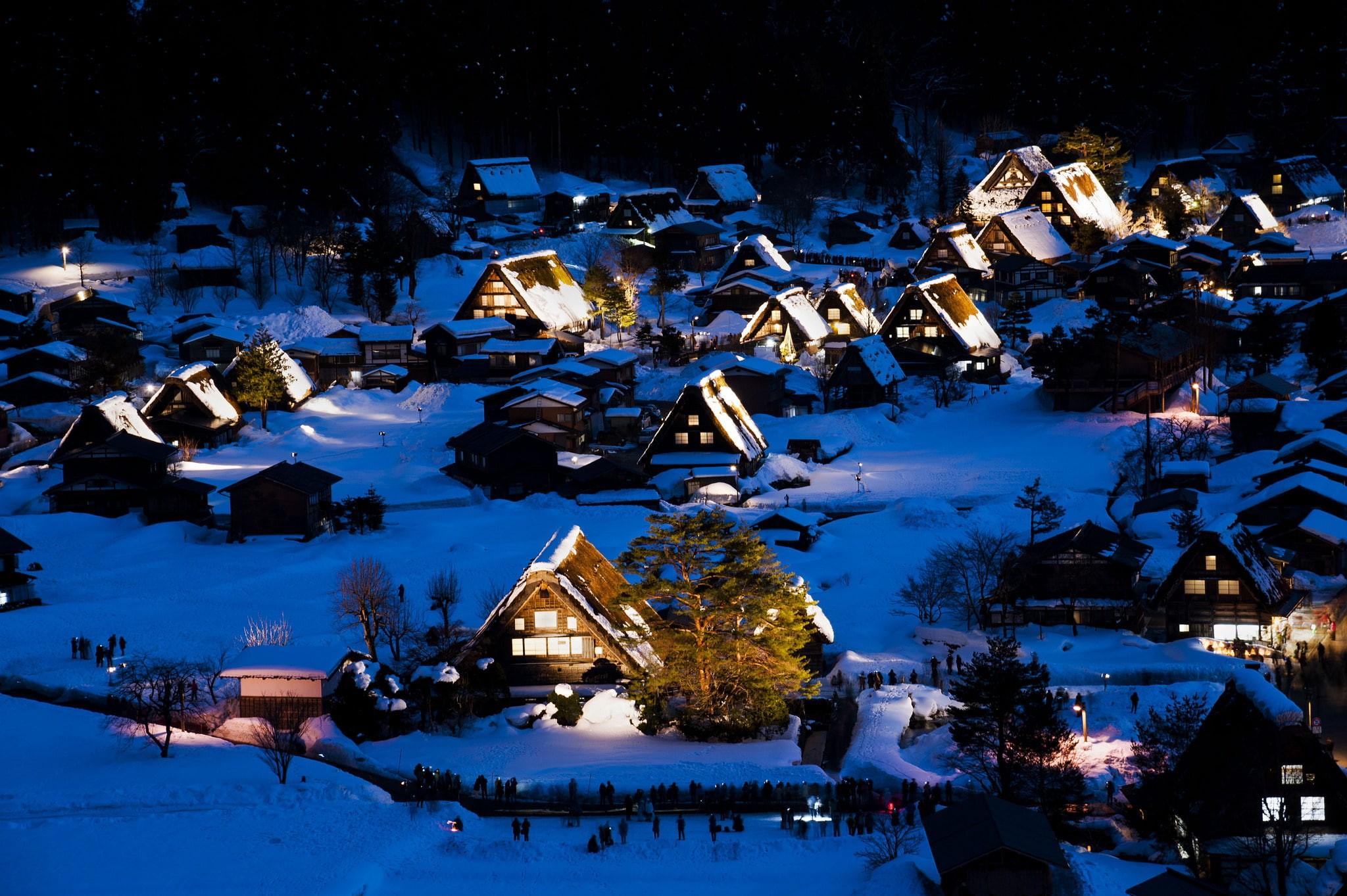 2048x1363 Wallpaper / Home, Lights, Winter, Gokayama, 1080P, The Island Of Honshu, Snow, Night, Shirakawa Go, Japan Free Download