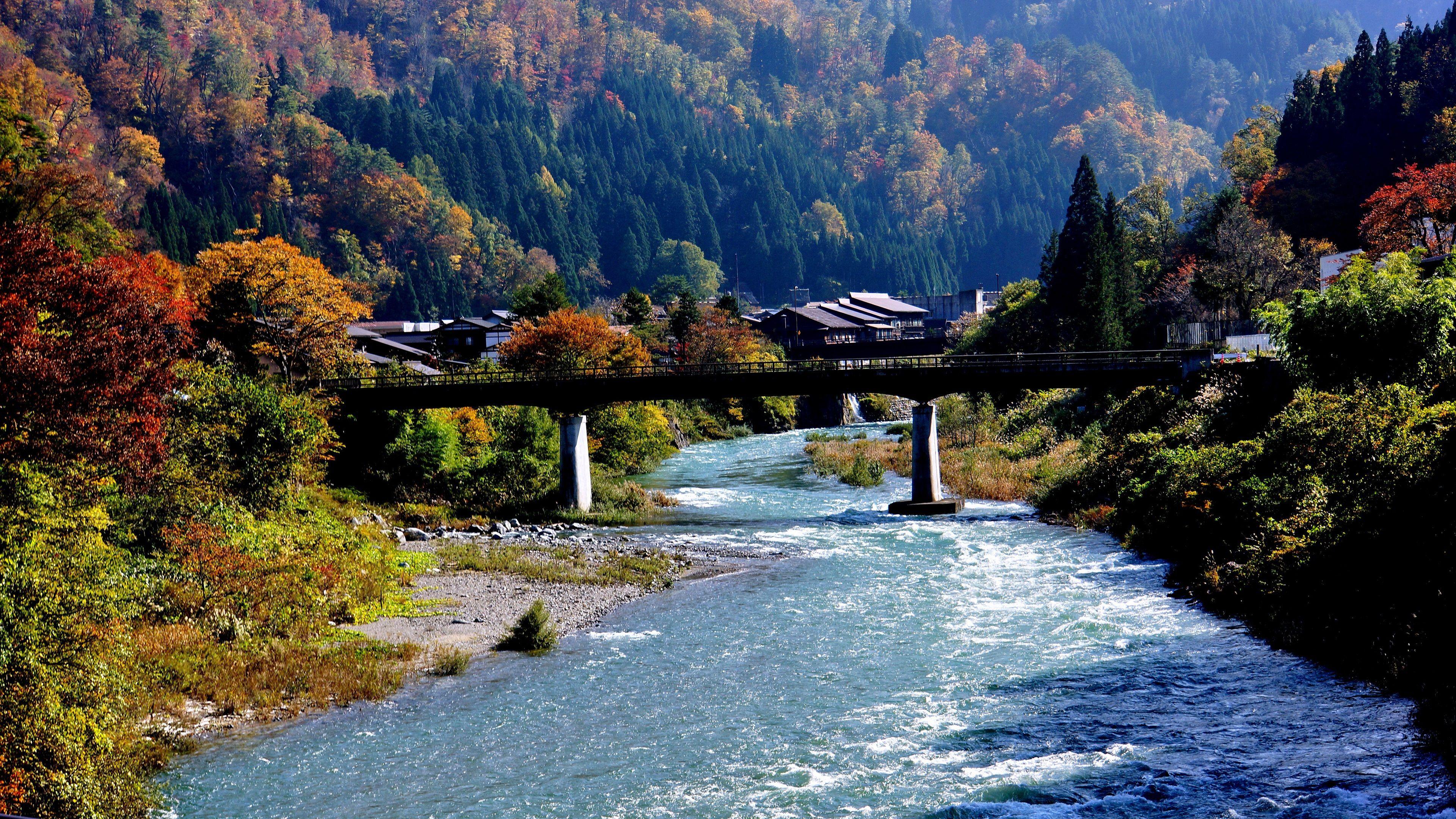 3840x2160 Shirakawa Go, Japão, Aldeia, Rio, Ponte, Montanha, árvores Papéis. Bridge Wallpaper, Japan Village, River