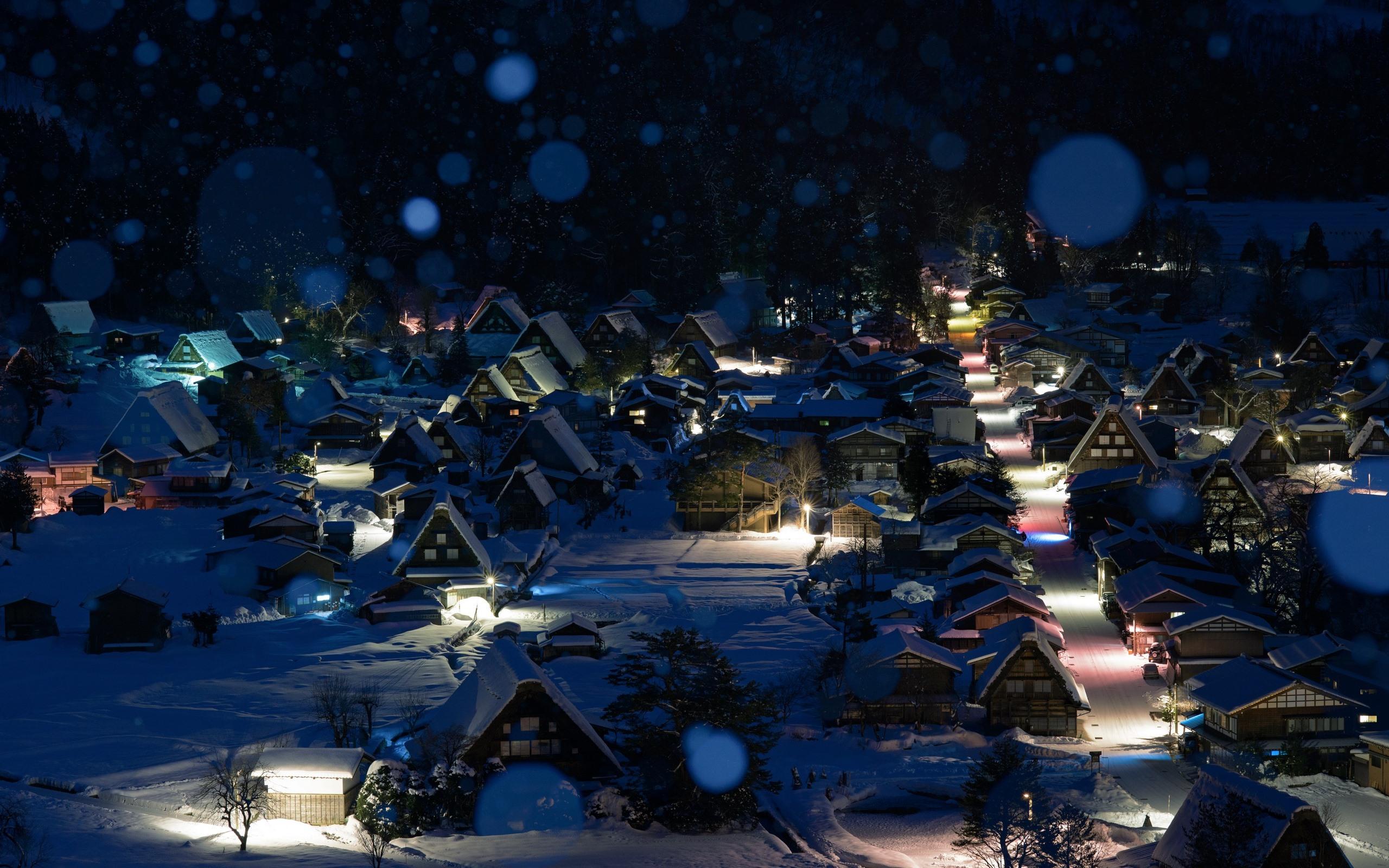 2560x1600 Wallpaper Shirakawa Go, Japan, Winter, Snow, Night, Houses, Lights 2560x1600 HD Picture, Image