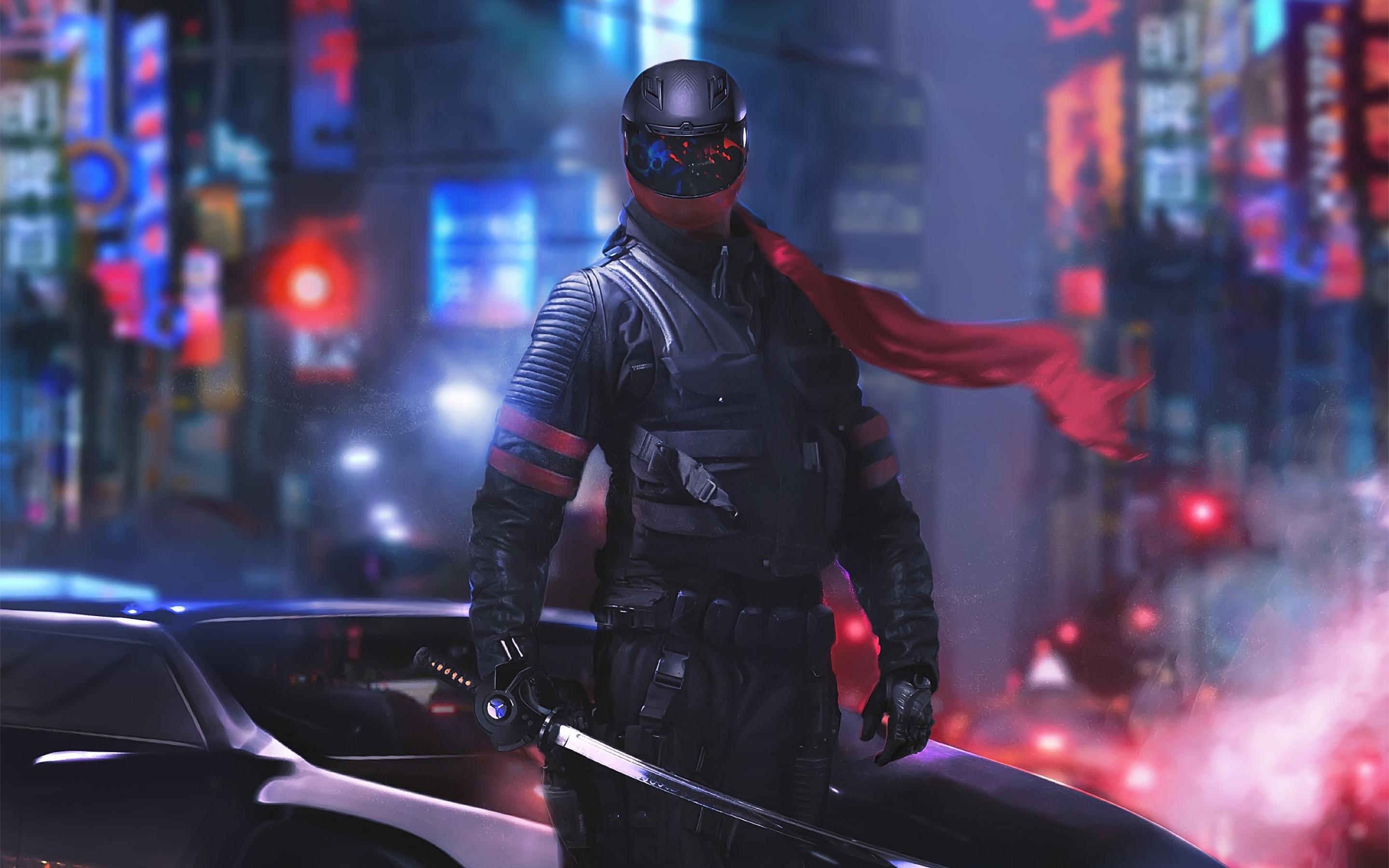 2880x1800 Ninja Warrior Wallpaper 4K, Cyberpunk, Katana, Graphics CGI