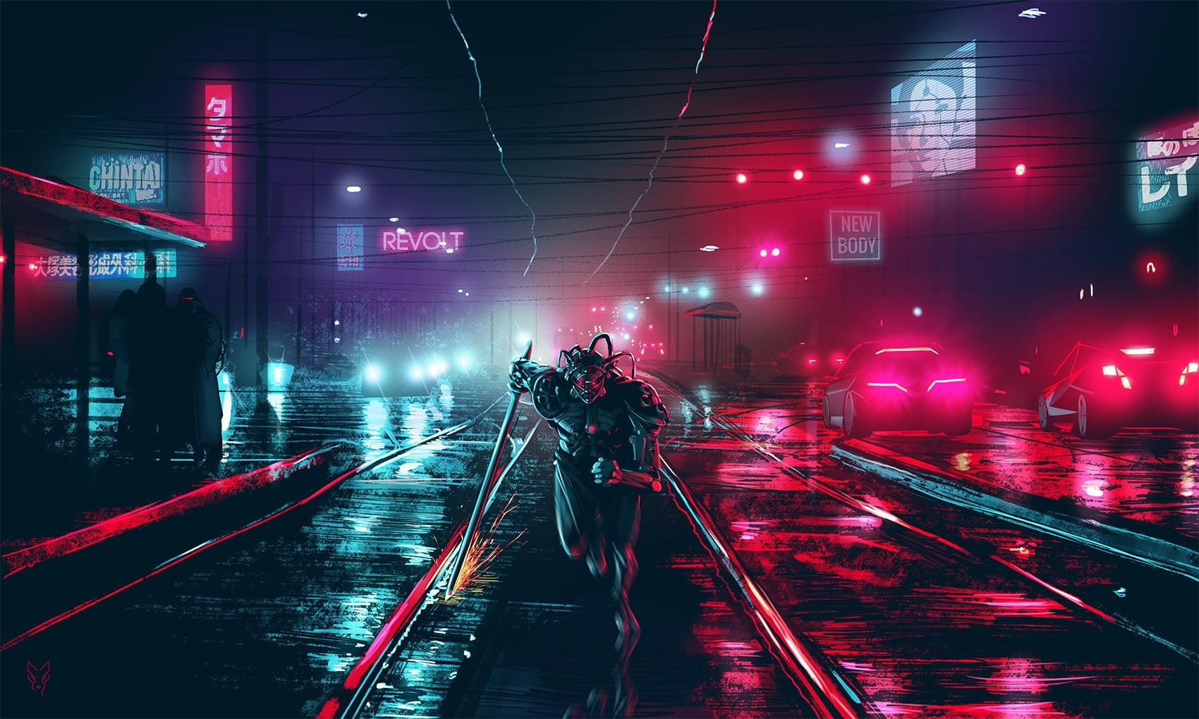 1700x1020 Wallpaper / railroad Track, train, adult, station, Dark Cyberpunk, ninja, street, real people, men, illuminated, light Phenomenon, dark, lifestyles, city free download