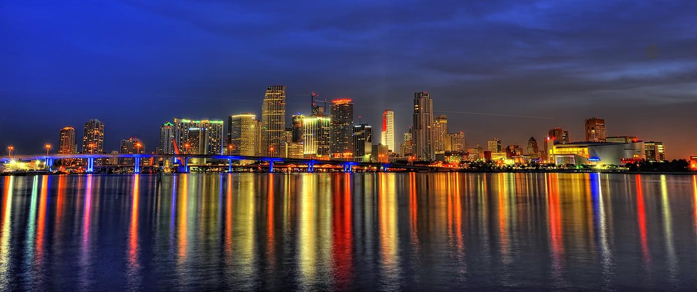 1400x587 Downtown Miami Skyline at dusk HD wallpaper (cropped) Destination and Meeting Services