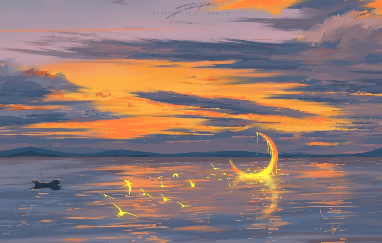 1332x850 Wallpaper the sky, water, birds, fantasy, Crescent, Karauli image for desktop, section арт
