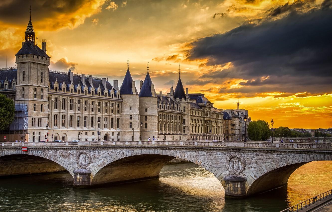 1332x850 Wallpaper the sky, sunset, clouds, bridge, castle, France, Paris, Paris, France, The Concierge, Conciergerie image for desktop, section город
