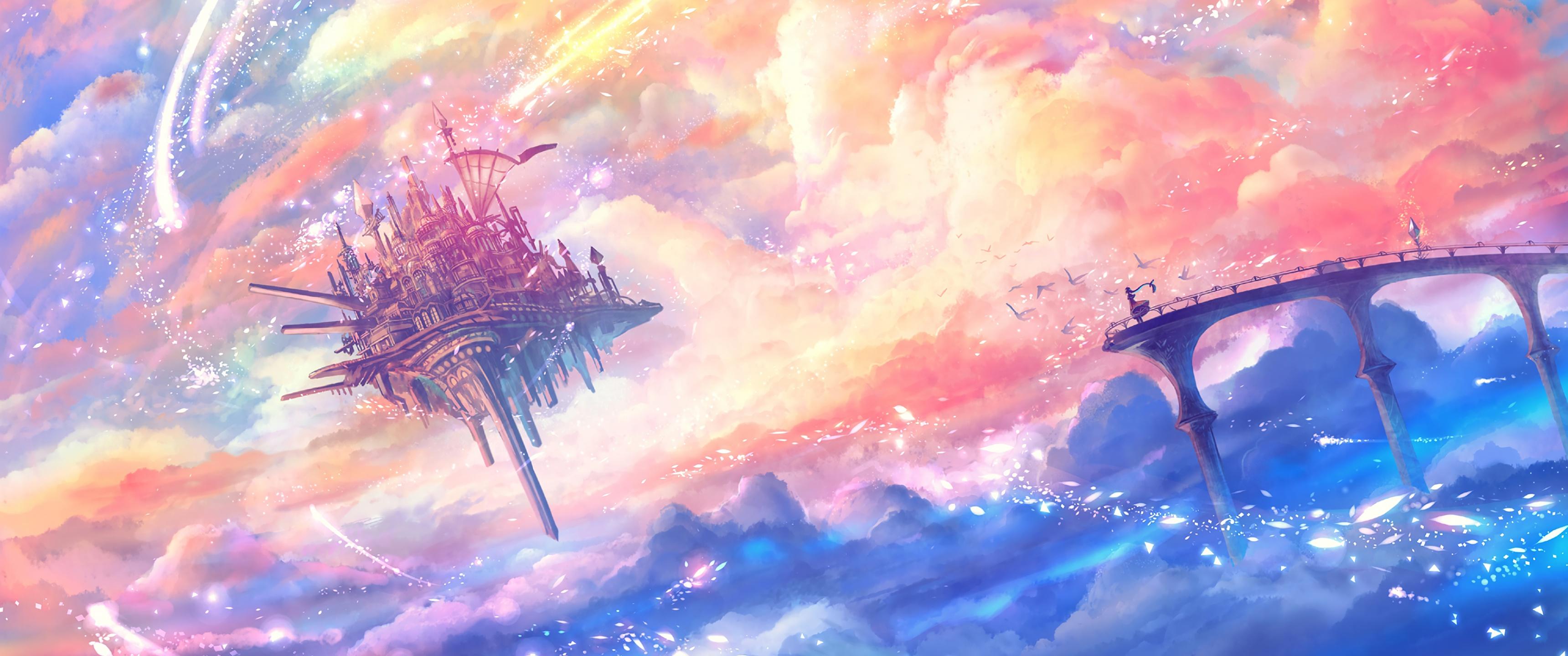 3440x1440 Photos floating castle Fantasy Fantastic world Clouds 3440x1440