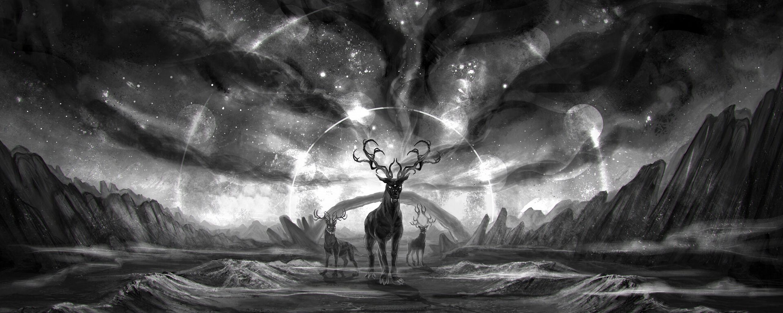 2560x1024 Download wallpaper 2560x1024 creatures, fantasy, art, bw, animals, landscape ultrawide monitor HD background