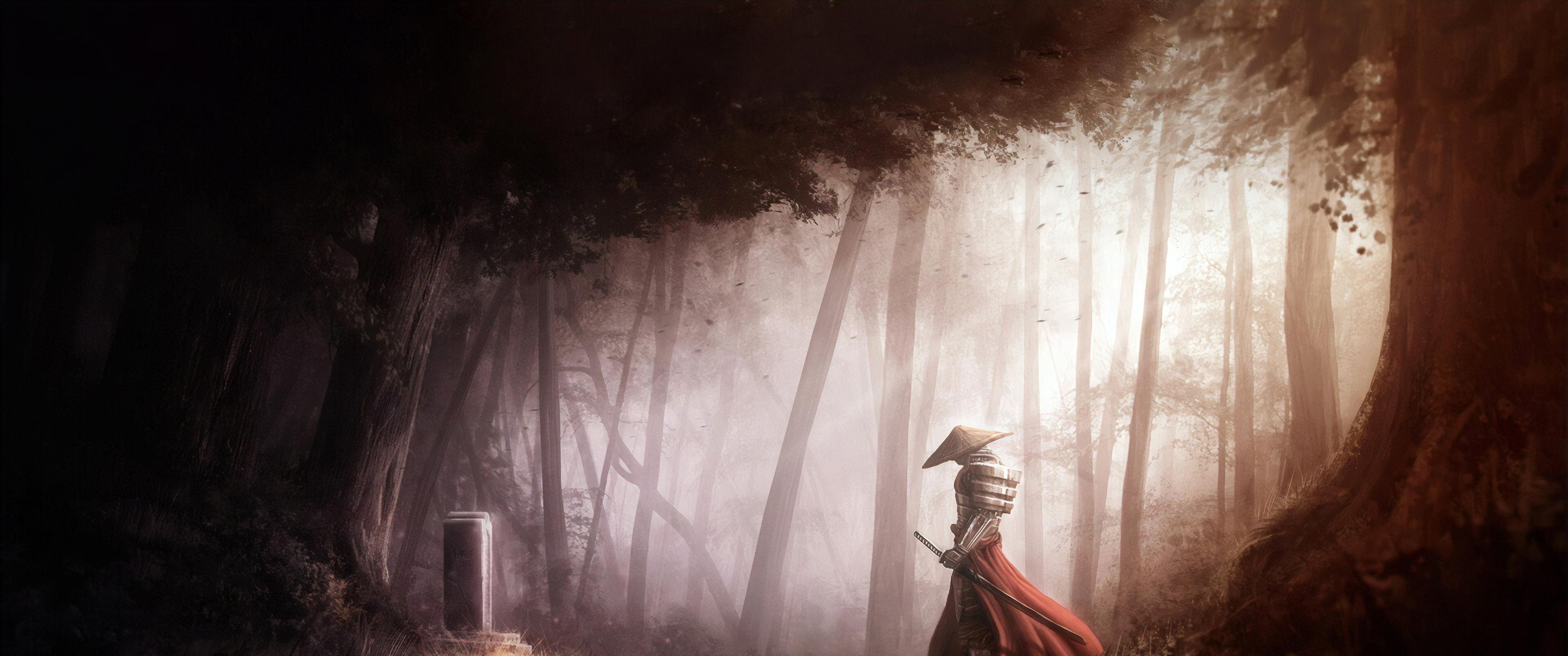 3440x1440 Mystic Samurai in Misty Forest HD Wallpaperx1440