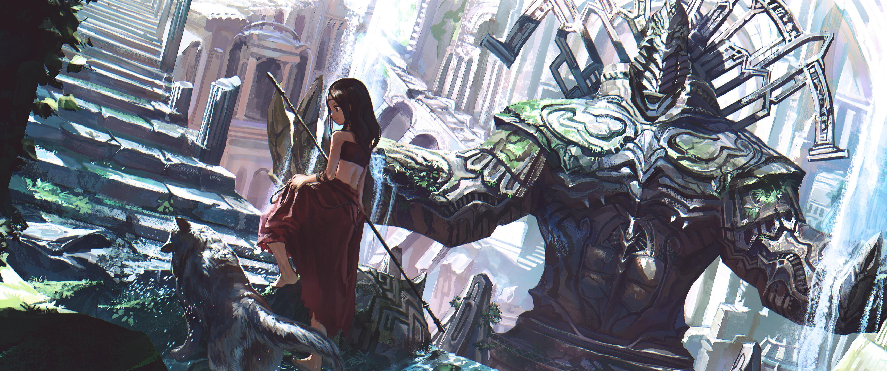 3440x1440 fantasy art, wolf, temple, anime girlsx1440 Wallpaper