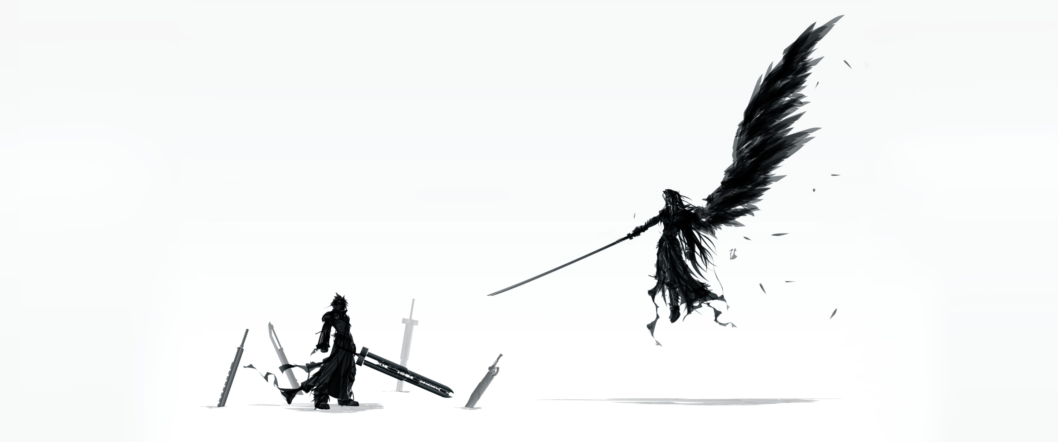 3440x1440 Cloud Strife, Final Fantasy, Sephiroth, Final Fantasy VII, Final Fantasy VII: Advent Children, white background, simple background, video games, video game art, fantasy art, wings, swordx1440 Wallpaper