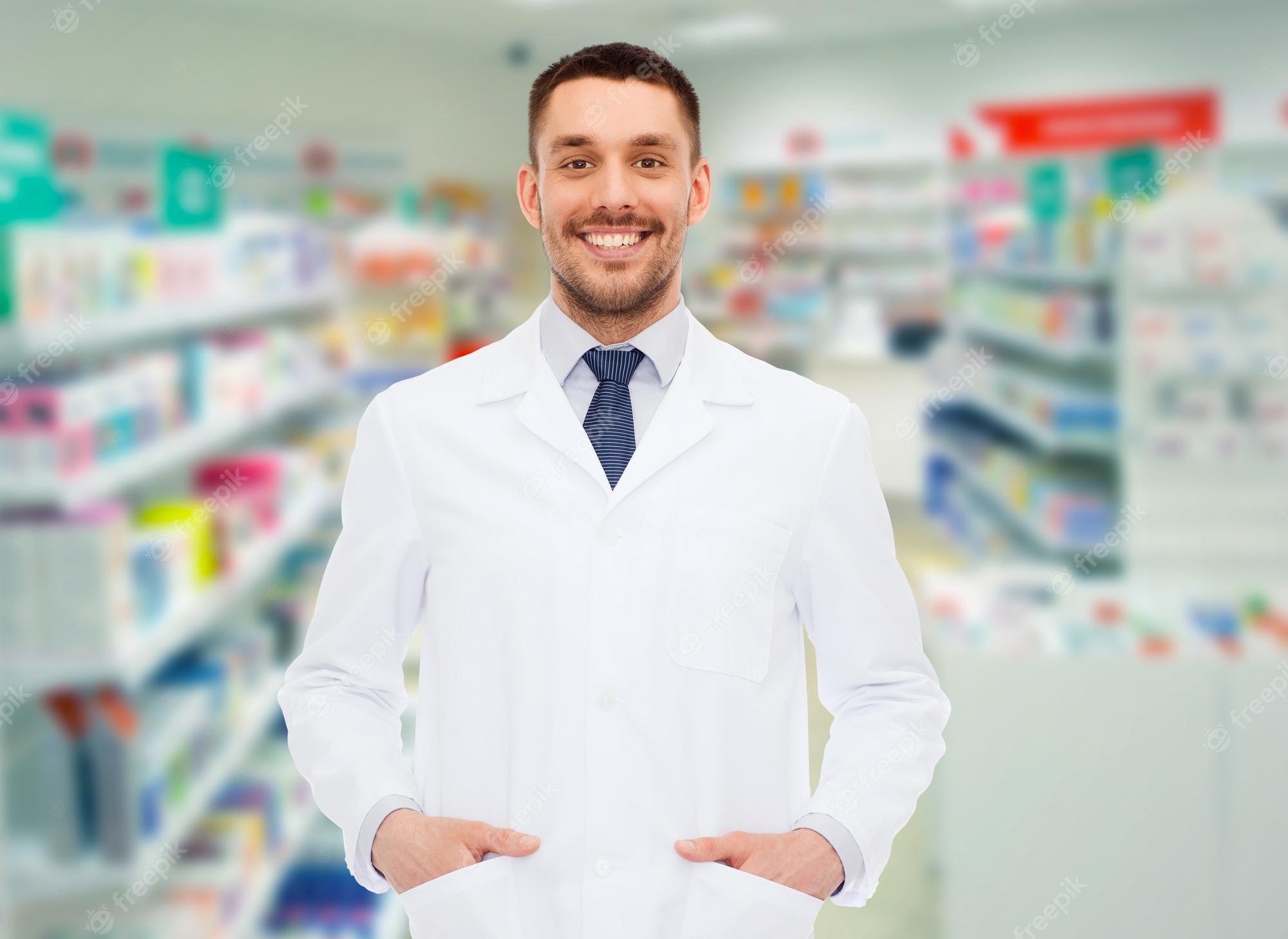 2000x1457 Premium Photo. Medicine, pharmacy, people, health care and pharmacology concept male pharmacist in white coat over drugstore background