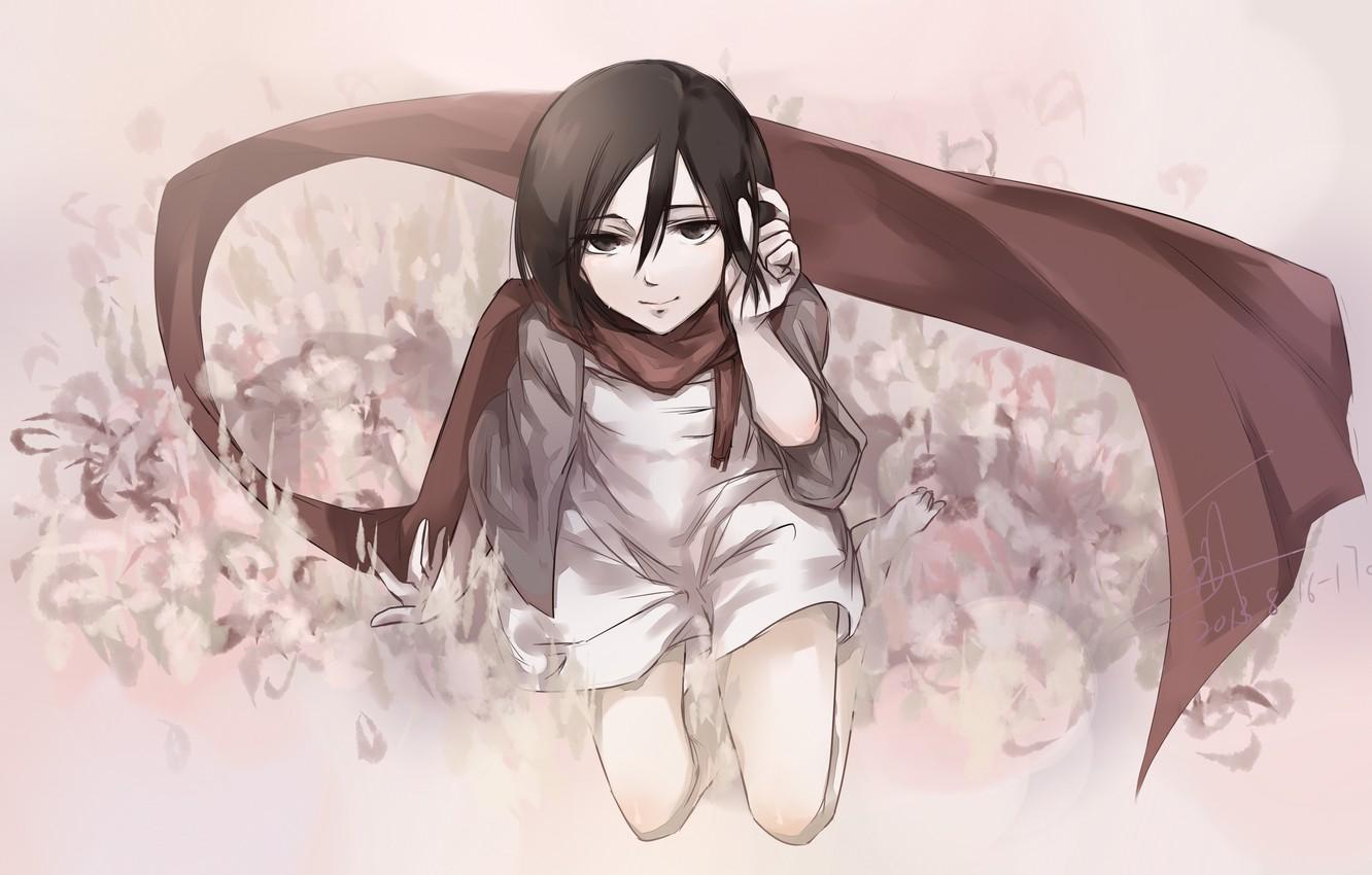 1332x850 Wallpaper look, girl, smile, scarf, dress, painting, sitting, anime, art, shingeki no kyojin, mikasa ackerman, mizore image for desktop, section дзёсэй