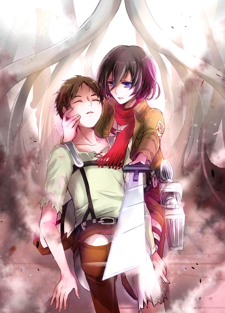 789x1097 mikasa ackerman and eren yeager (shingeki no kyojin) drawn
