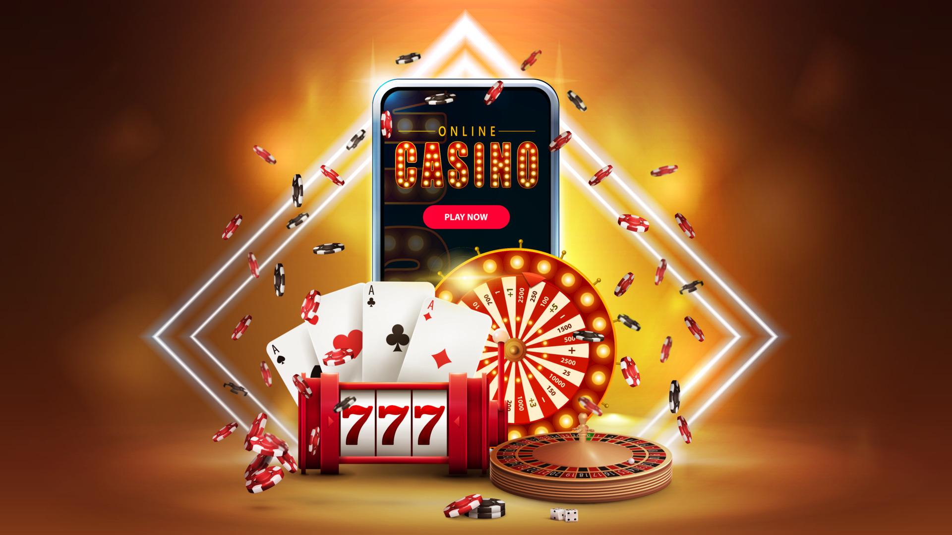 1920x1080 Online casino, orange banner with smartphone, casino slot machine, Roulette, playing cards, poker chips, Casino Wheel Fortune and neon rhombus frames on background, 3D realistic vector illustration