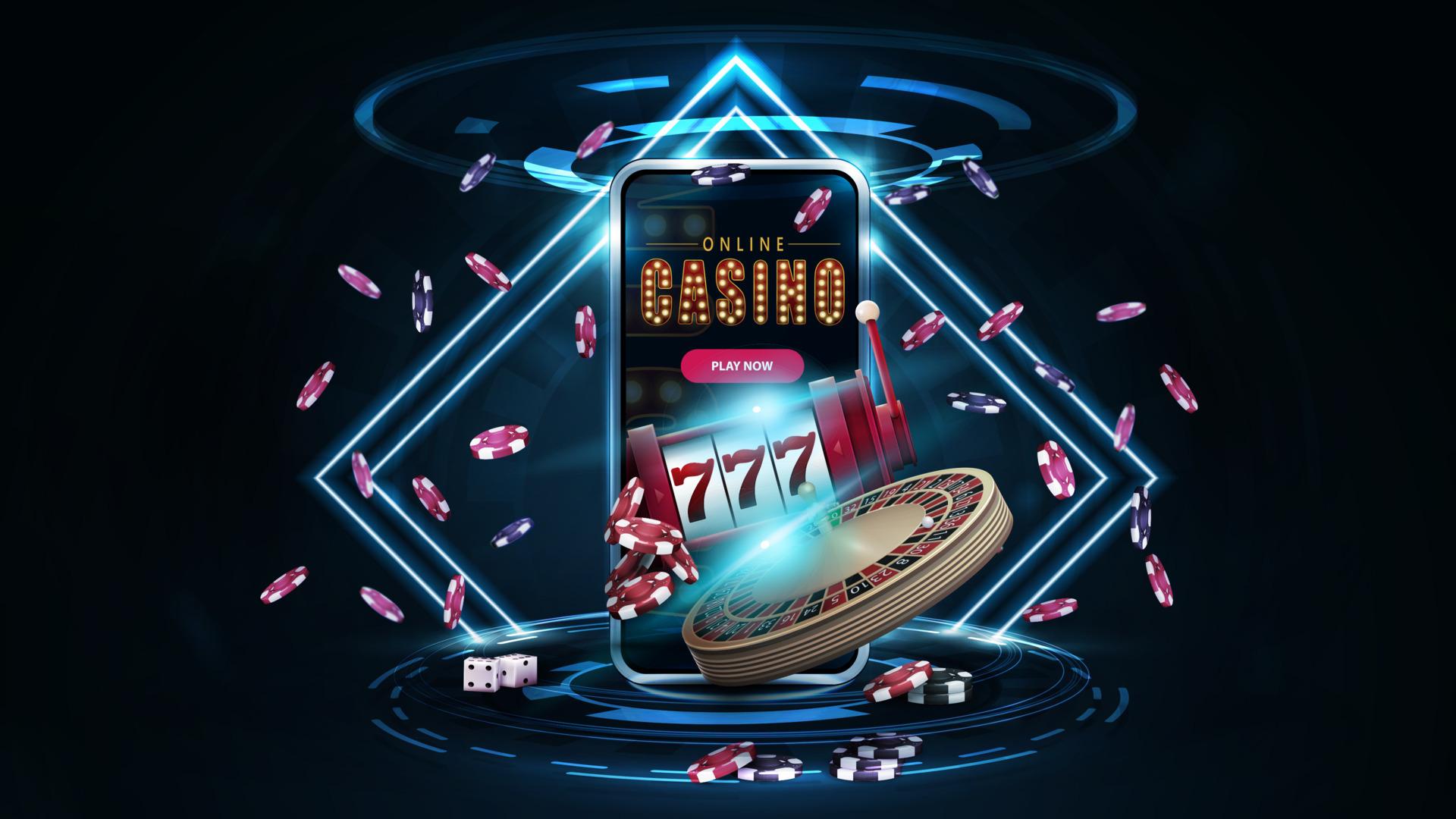 1920x1080 Online casino, banner with podium with smartphone, casino slot machine, Casino Roulette and poker chips in dark scene with neon rhombus frames and hologram of digital rings