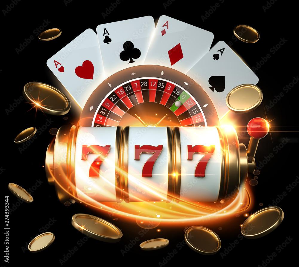 1000x894 Casino Banner, Gambling Concept, Slot Machine, Roulette Wheel And Four Aces With Golden Coins Illustration Stock Illustration