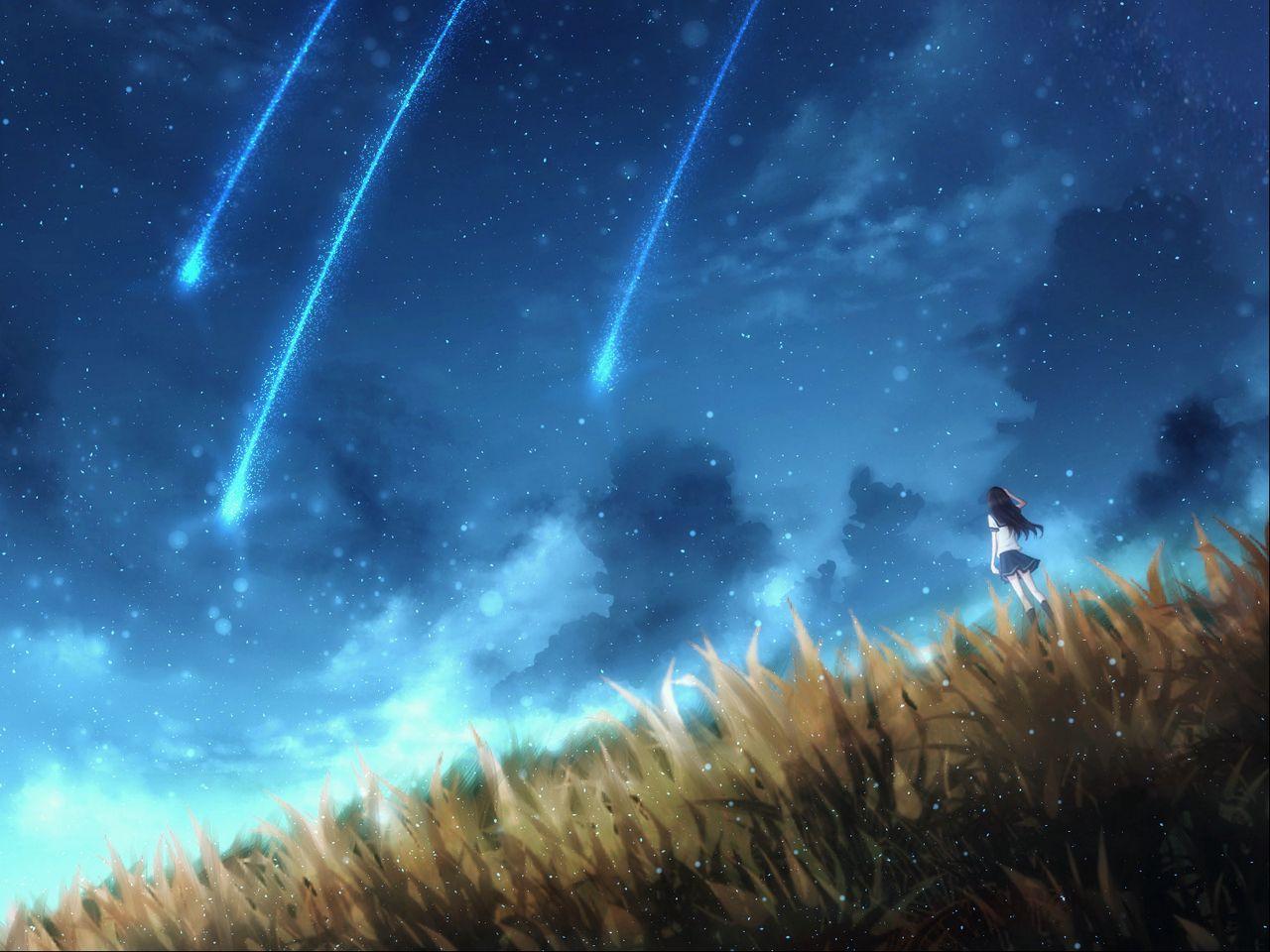 1280x960 Download wallpaper 1280x960 girl, alone, space, meteors, art standard 4:3 HD background