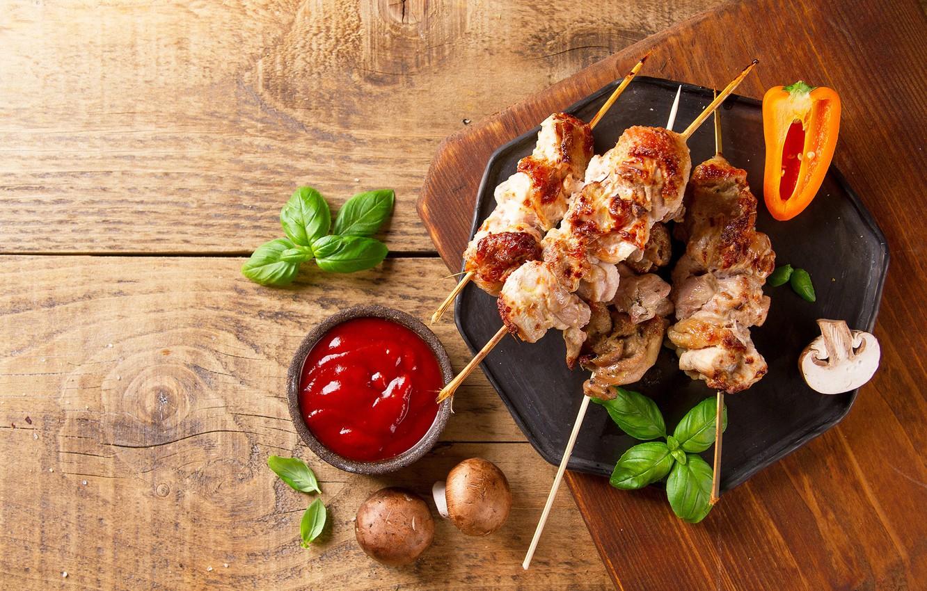 1332x850 Wallpaper greens, mushrooms, meat, sauce, kebabs image for desktop, section еда