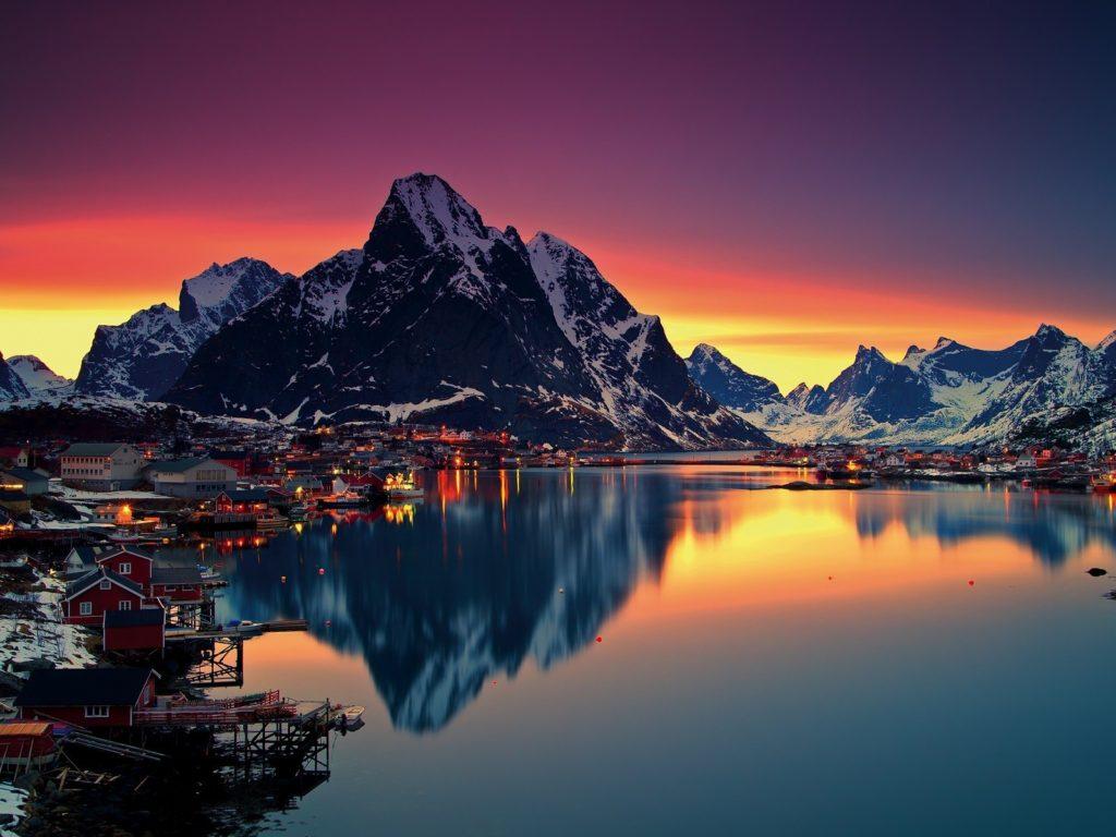 1024x768 Lofoten Islands Norway Reine Lofoten Sunset Mountain Winter Snow Sea Water Reflection Nature Desktop Wallpaper HD 1920x1200 :