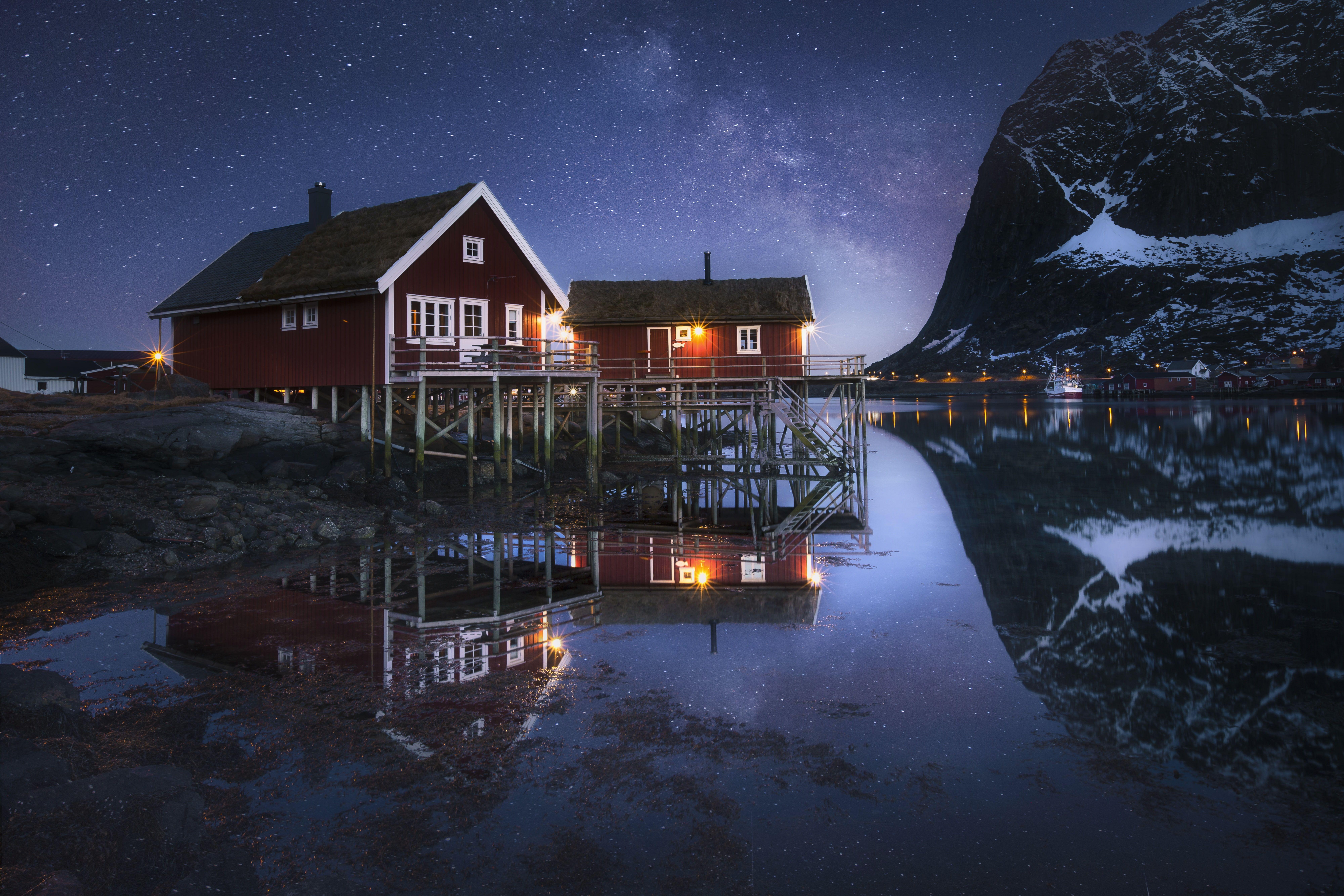 8000x5333 HD wallpaper: water, mountains, night, reflection, home, Norway, The milky way. Night reflection, HD wallpaper, Milky way photo