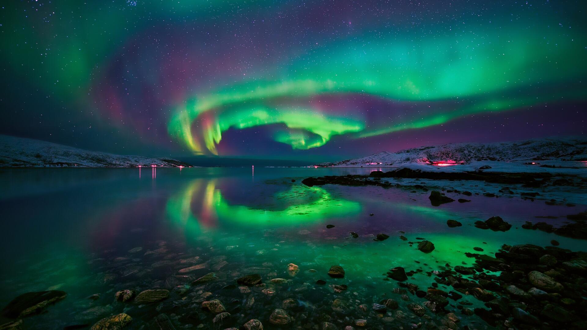 1920x1080 Aurora Norway Night Northern Lights Lake Wallpaper HD For Your XFCE Desktop