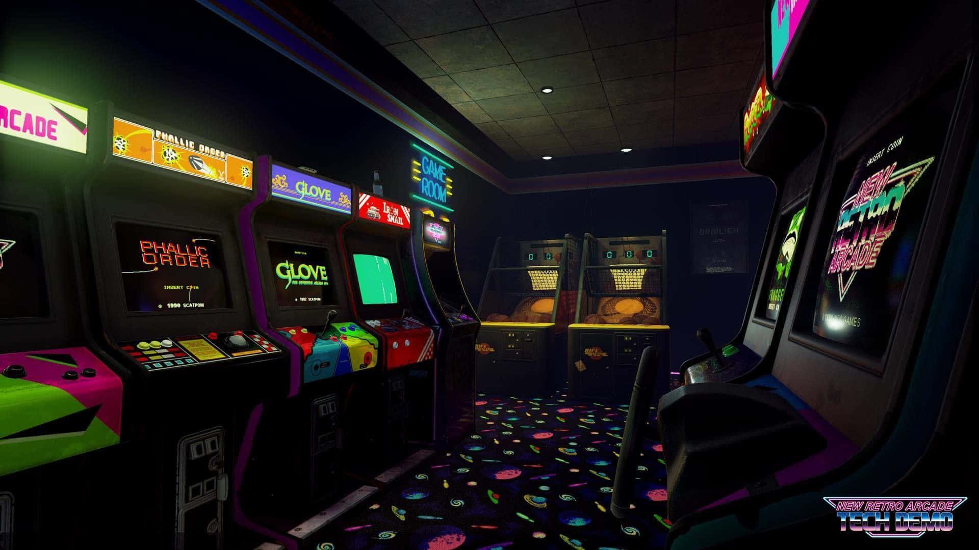 1920x1080 Download A Room With Many Arcade Machines And Neon Lights Wallpaper