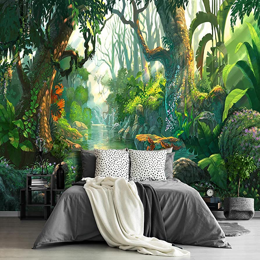 894x894 Fightal Forest Backdrop Wallpaper Tropical Botanical Jungle Tree murals Nursery Kids Bedroom Woodland Plant Boys and Girls Decor Living Room tv Background Large Wall Mural