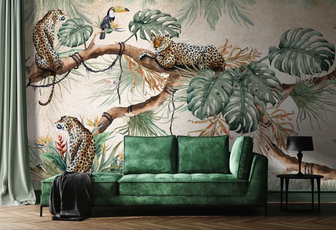 1100x754 Leopards on Branch Jungle Wallpaper Mural • Wallmur®