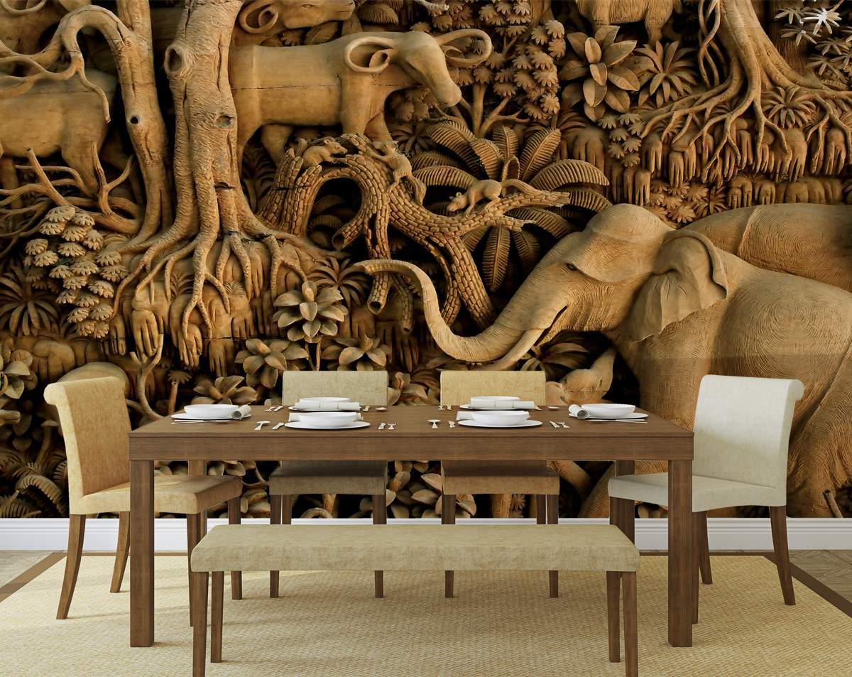 1200x953 Golden Jungle Theme With Animal 3D Wall Mural