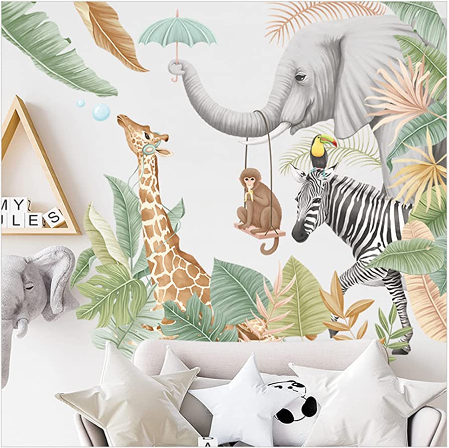 894x892 Africa Jungle Animal Wall Stickers, giraffe elephant Zebra Monkey plant Wall Decals, Peel and Stick Removable Wall decor, Diy Art Mural Decoration, Jungle Wallpaper for Kids Baby Nursery Kindergarten Living Room Toddler boys