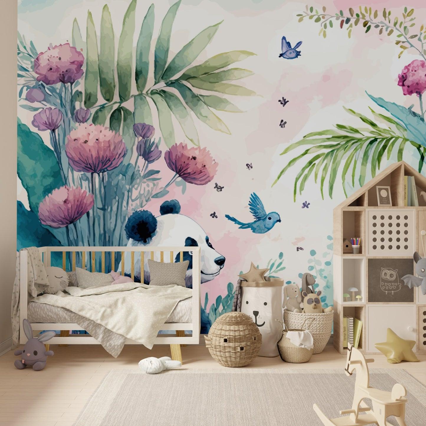 1445x1445 Panda and Flowers Jungle Themed Peel and Stick Wallpaper