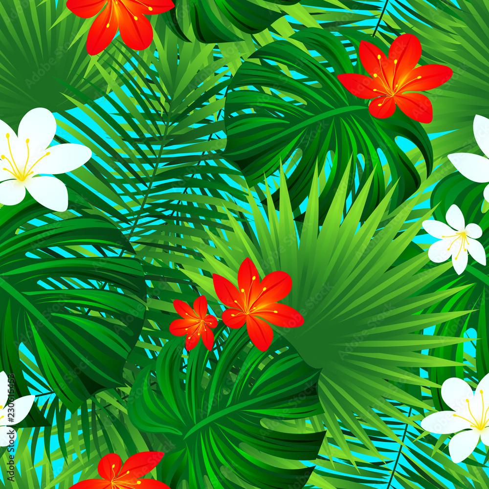 1000x1000 Floral seamless pattern. Vector tropical repeated texture. exotic tropic flowers, leaves background. beautiful jungle wallpaper. Summer, travel, home decor, textile, clothes prints, fabric design. Stock Vector