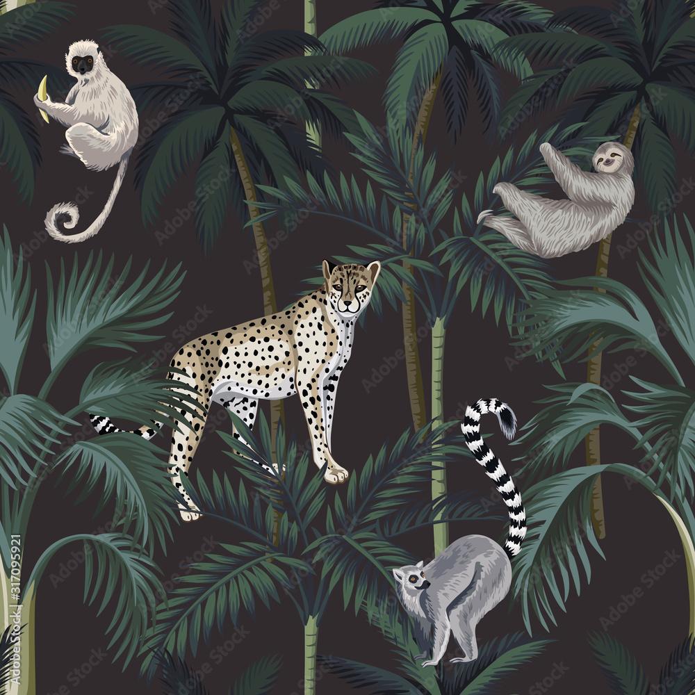 1000x1000 Tropical night vintage wild animal leopard, sloth, lemur, palm trees, floral seamless pattern dark background. Exotic botanical jungle wallpaper. Stock Vector
