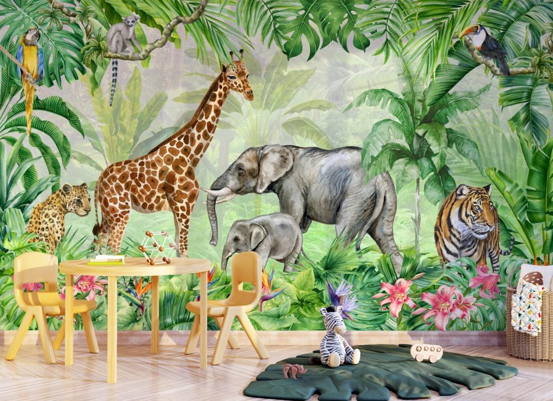 1100x798 Kids Safari Watercolor Tropical Forest Jungle Animals Wallpaper Mural • Wallmur®
