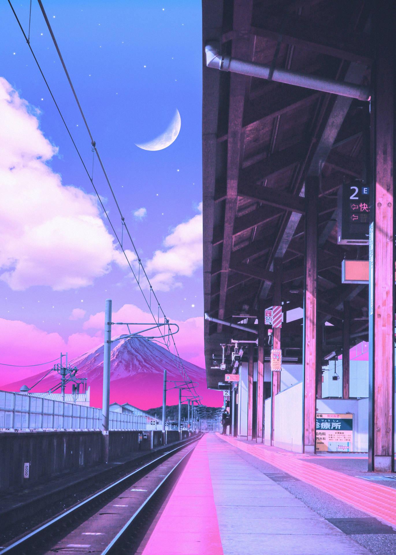 1371x1920 Download Empty Train Station Pastel Japanese Aesthetic Wallpaper