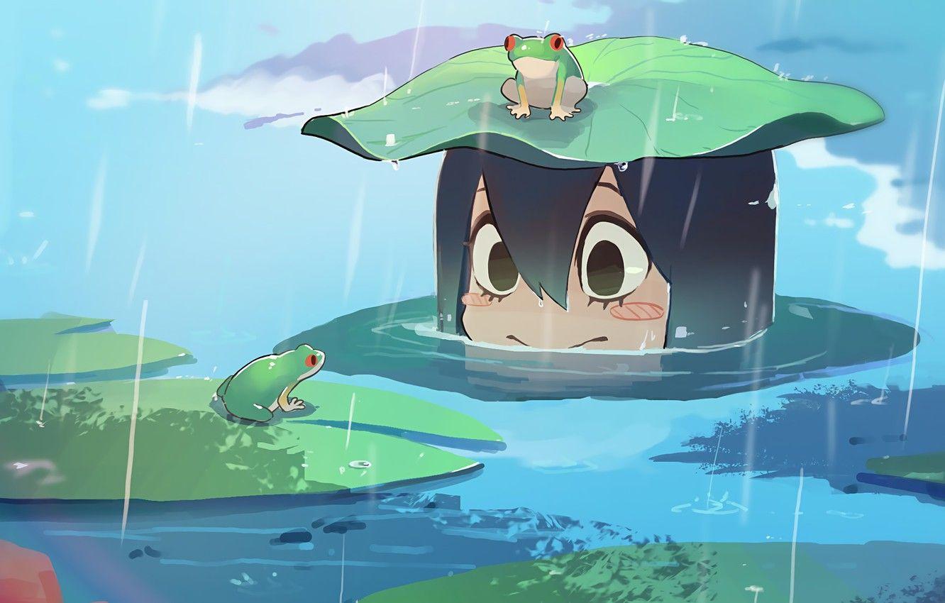 1332x850 Wallpaper girl, rain, frog, smile, anime, water, cute, frogs, exploration image for desktop, section прочее