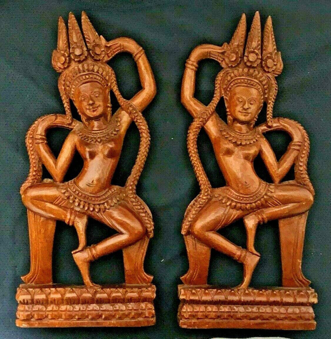1125x1153 Antique Cambodia Khmer Hand Carved Wooden Dancing Apsara Statue Figurine Pair