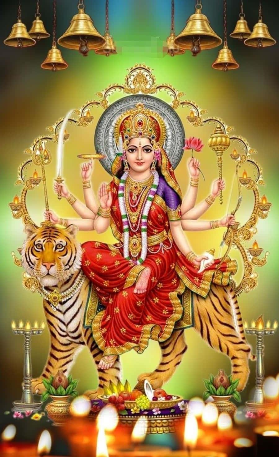 900x1471 Download Durga Maa With Candles And Bells Picture