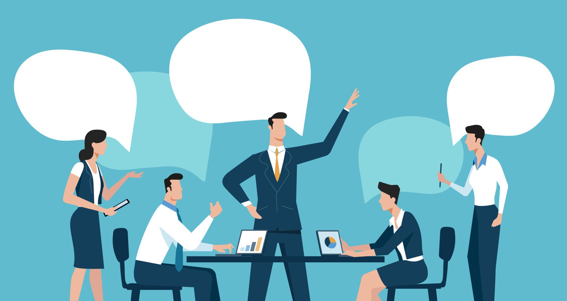 1920x1018 Business communication meeting. Office workers life. Team thinking and brainstorming. Vector flat illustration