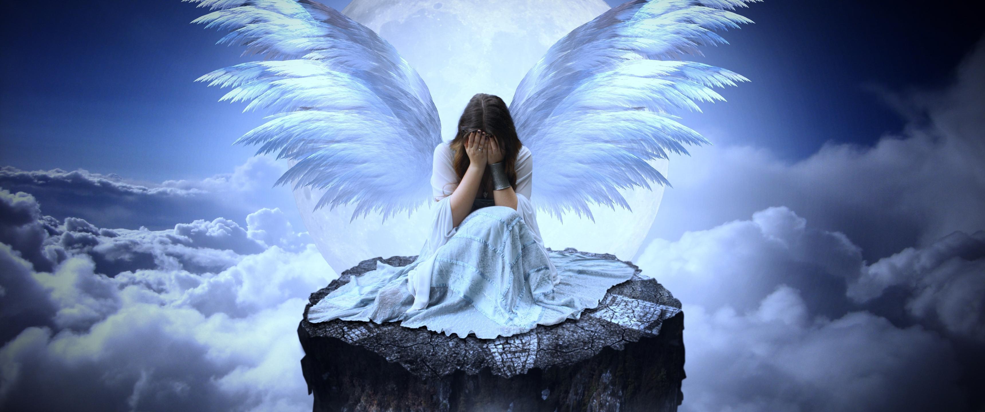 3440x1440 Download Sad angel, Moon, Young woman, Angel, Wings, Sky, Clouds, Sadness Wallpaper in 3440x1440 Resolution