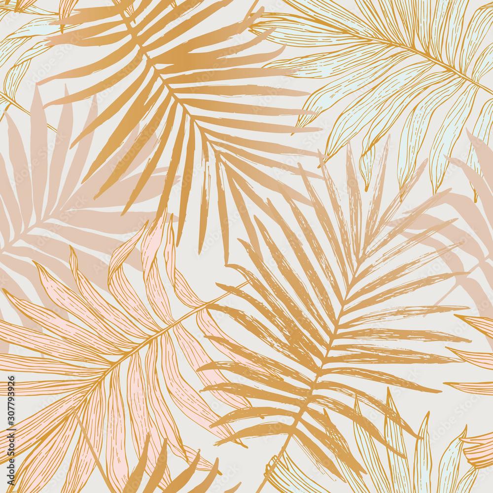 1000x1000 Luxurious botanical tropical leaf background in pastel pink and gold colors. Stock Vector