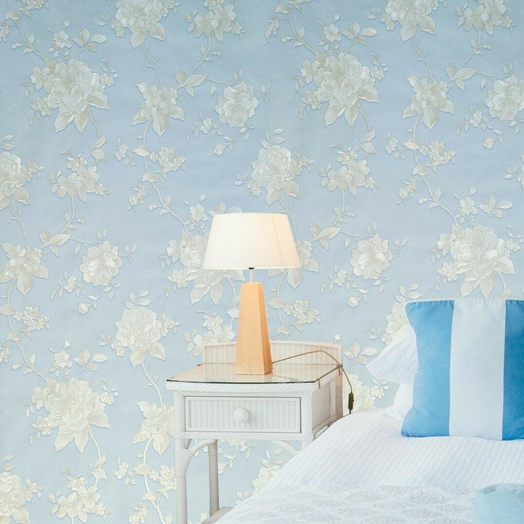 1024x1024 WMBL1005201 Floral Pastel blue beige cream Gold flowers Wallpaper