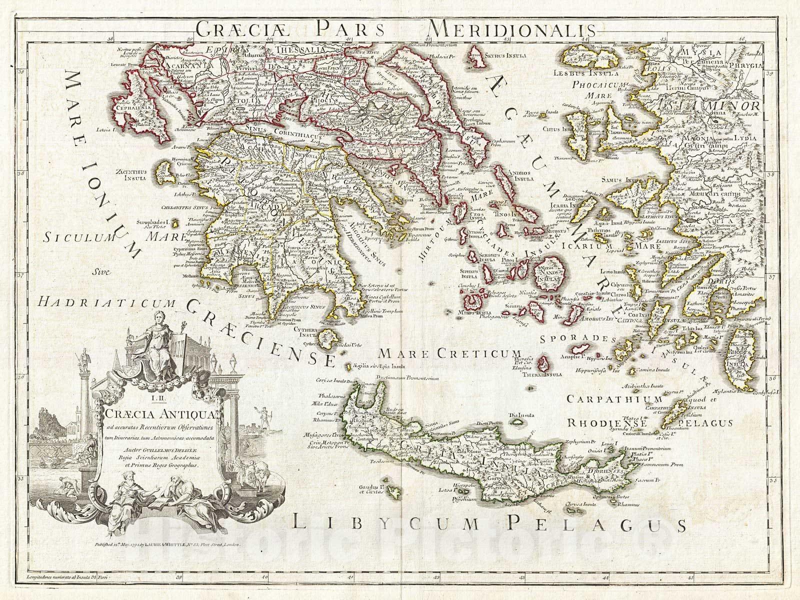 1600x1200 Historic Map : Delisle Map of Southern Ancient Greece, Greeks Isles, a