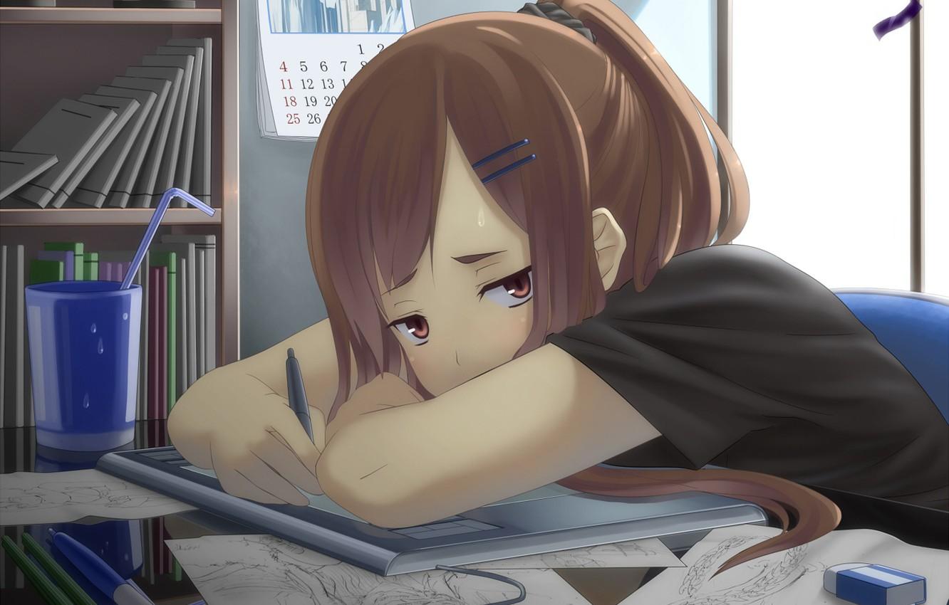 1332x850 Wallpaper fatigue, girl, graphic tablet, wacom, designer, laziness image for desktop, section сёдзё