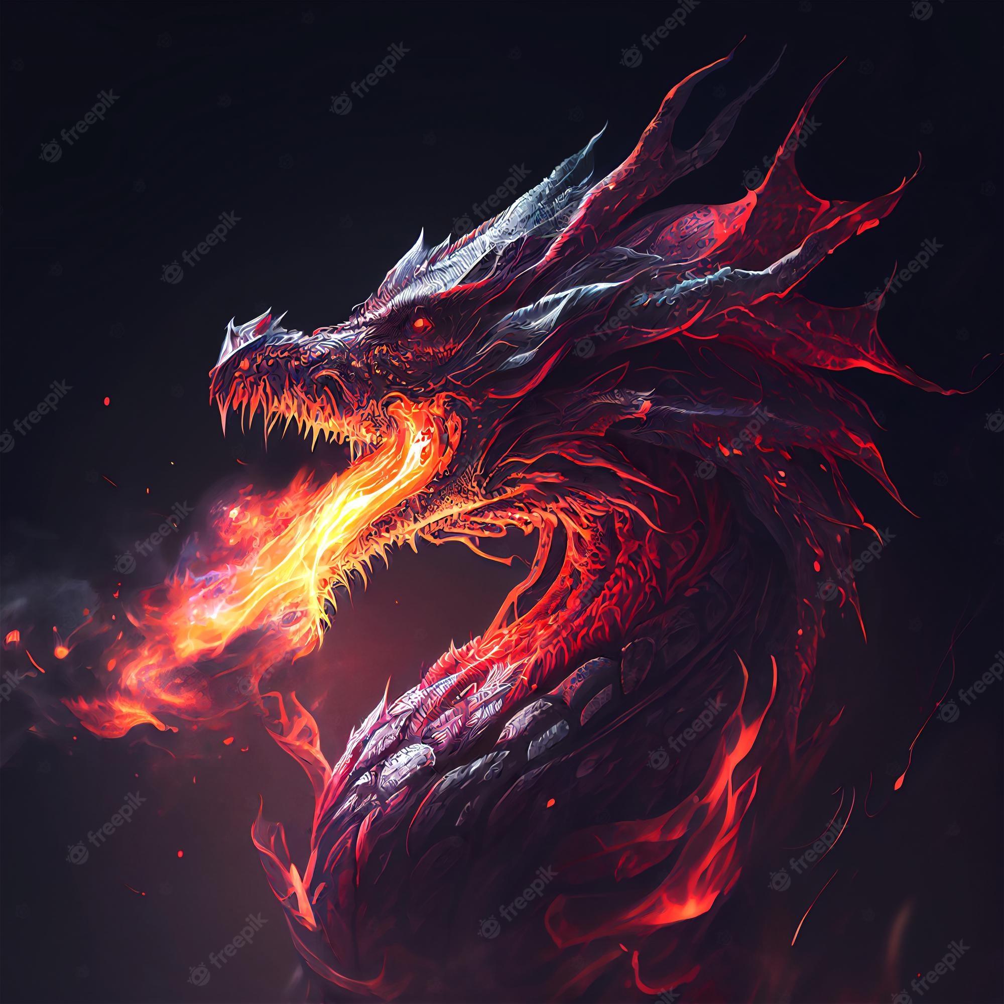 2000x2000 Premium Photo. Fire dragon breathing fire. fantasy illustration character. black background. generate
